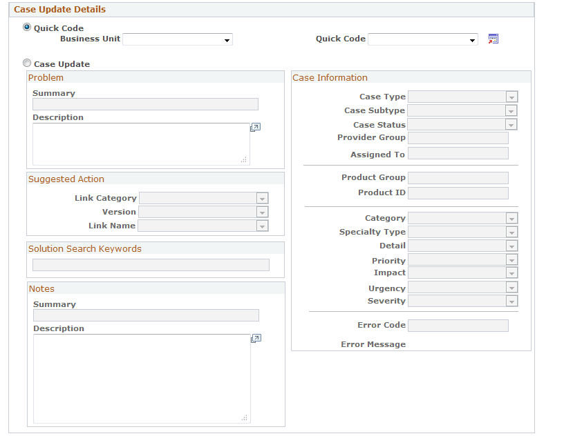 Configure Case Update Action page (2 of 3)