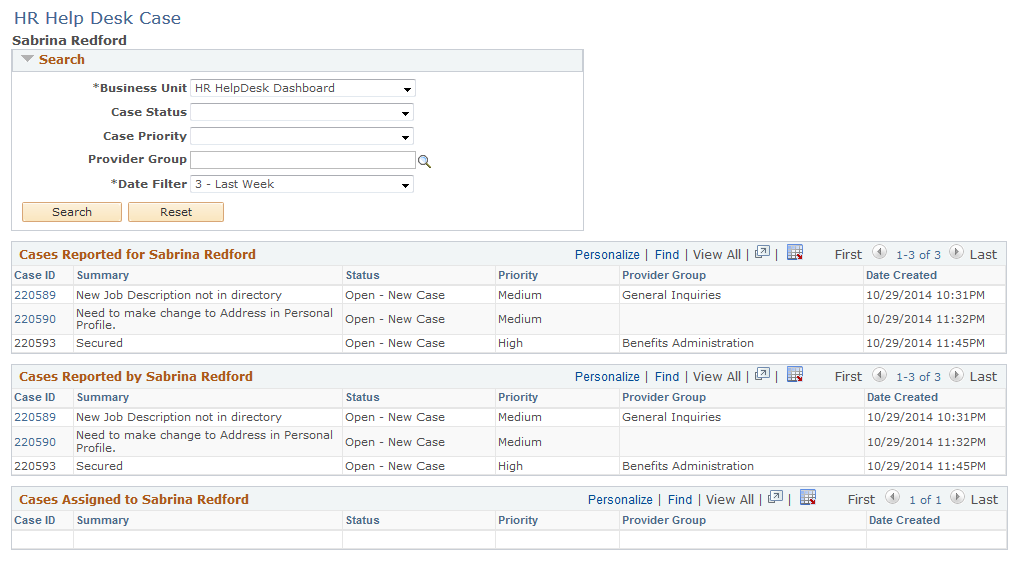 View Case page displayed for HR Help Desk case