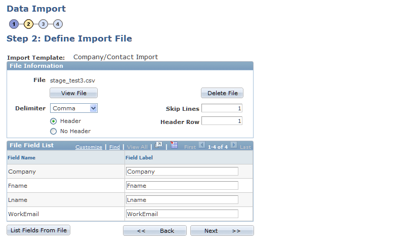 Data Import - Step 2: Define Import File page