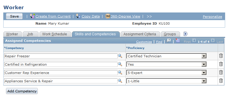 Worker - Skills and Competencies page