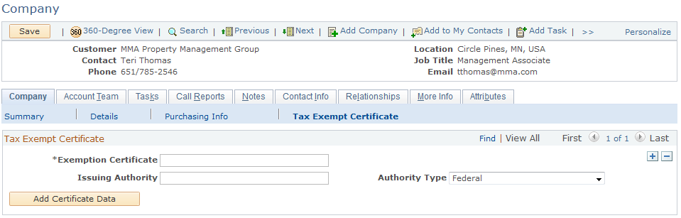 Tax Exempt Certificate page