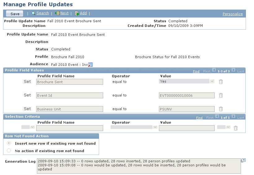 Manage Profile Updates page with multi-row profile options