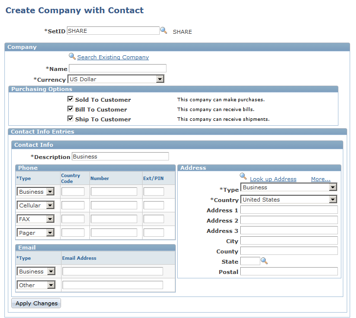 Example of creating company contacts on the Creating Company with Contact page (1 of 2)