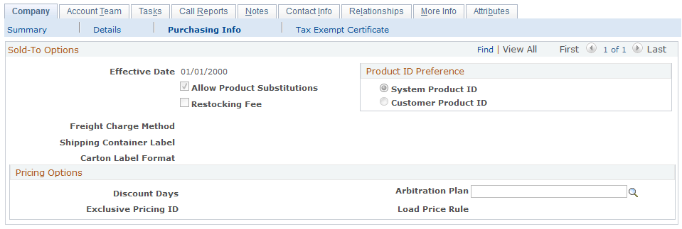 Purchasing Info: Sold-To Options page