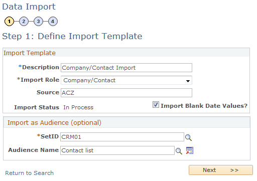 Data Import - Step 1: Define Import Template page