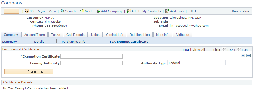 Company - Tax Exempt Certificate page