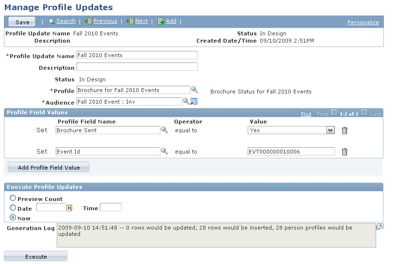 Manage Profile Updates page