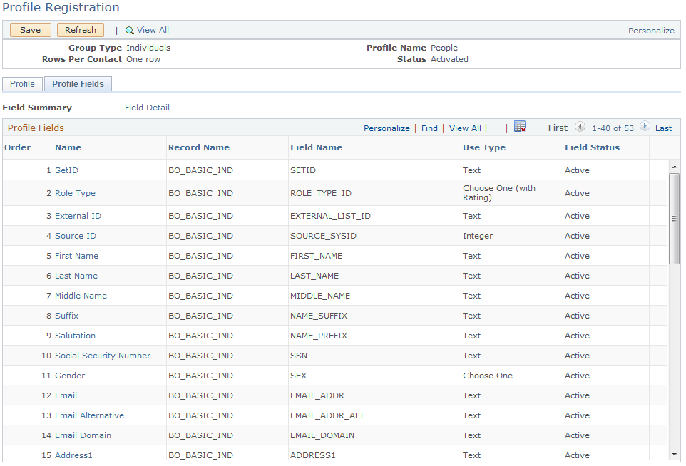 Profile Registration - Profile Fields page