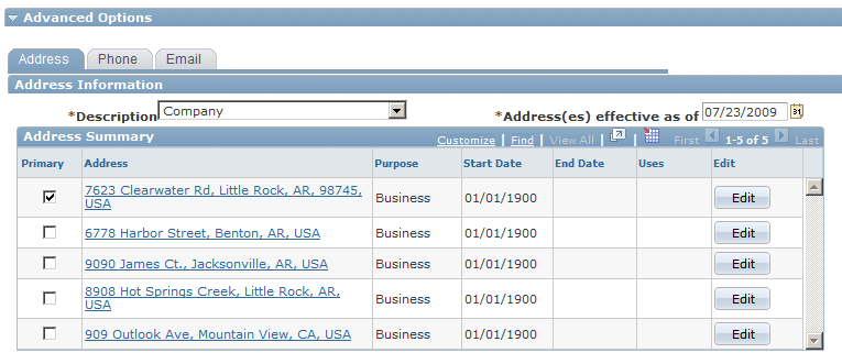 Contact Info page - Advanced Options section