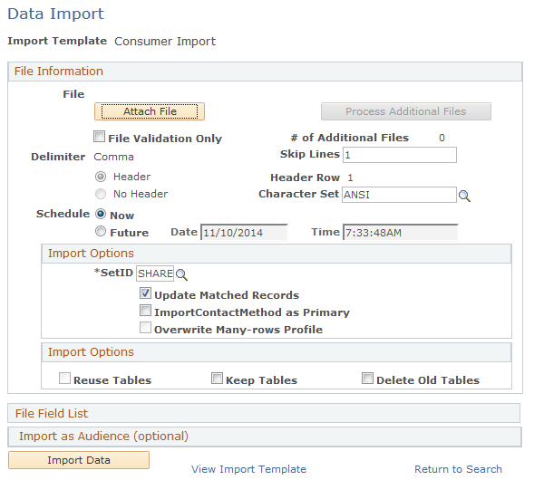 Data Import page (1 of 2)