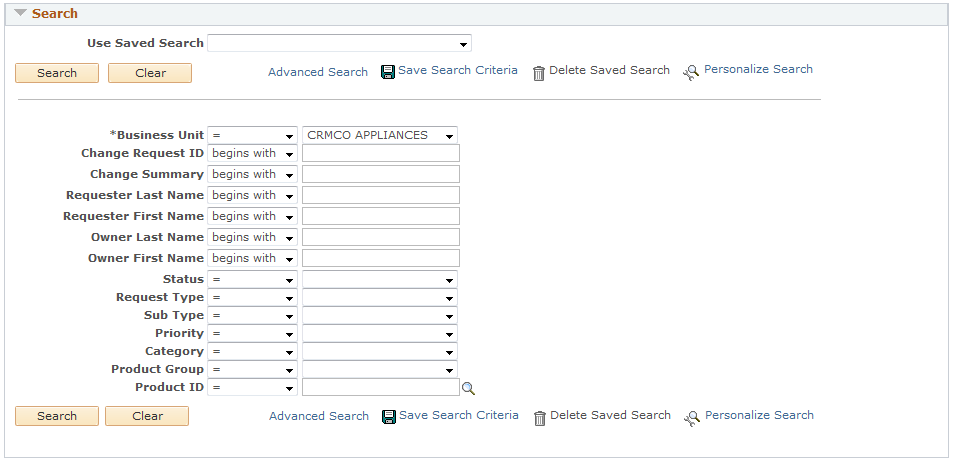 Change Requests search page (2 of 2)