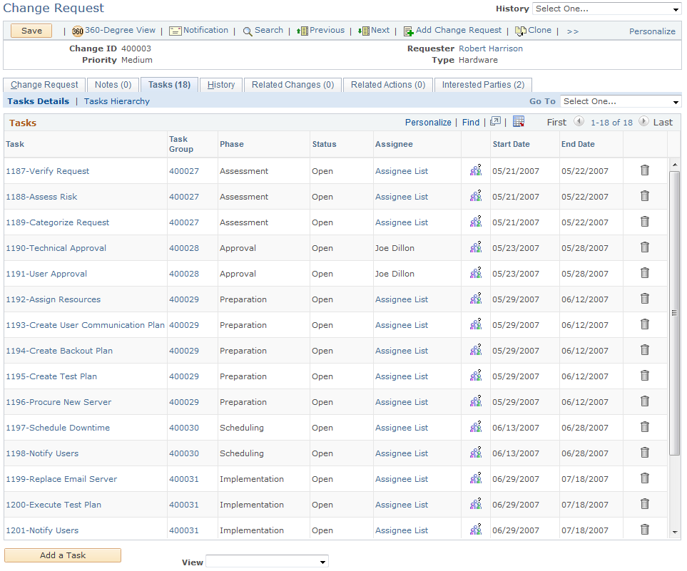 Change Request - Tasks page