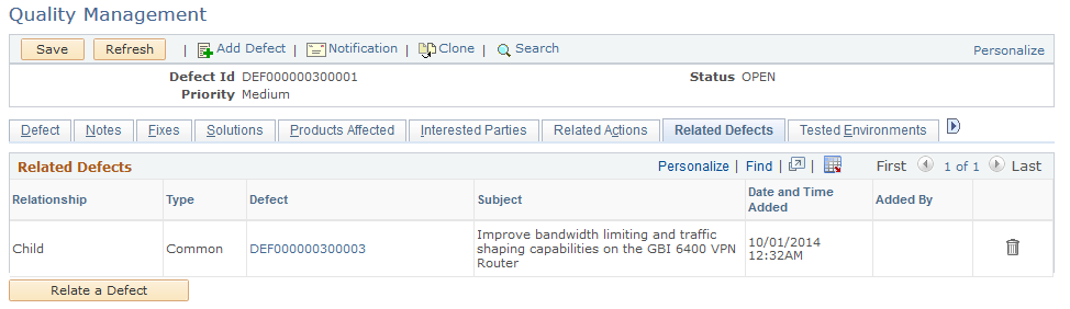 Quality Management - Related Defects page