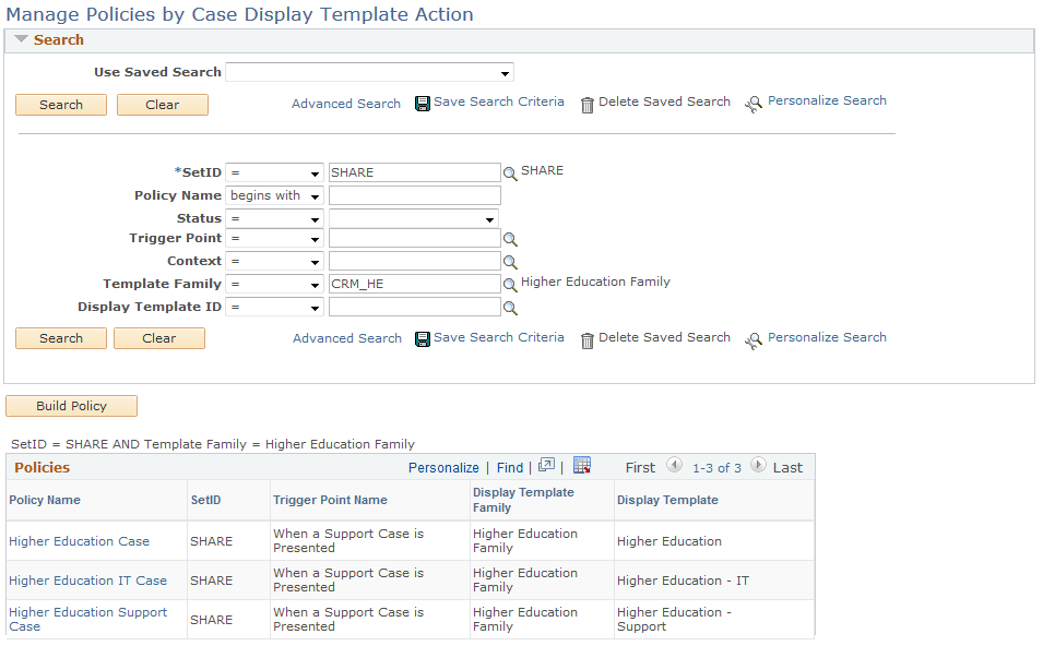 Manage Policies by Case Display Template Action page