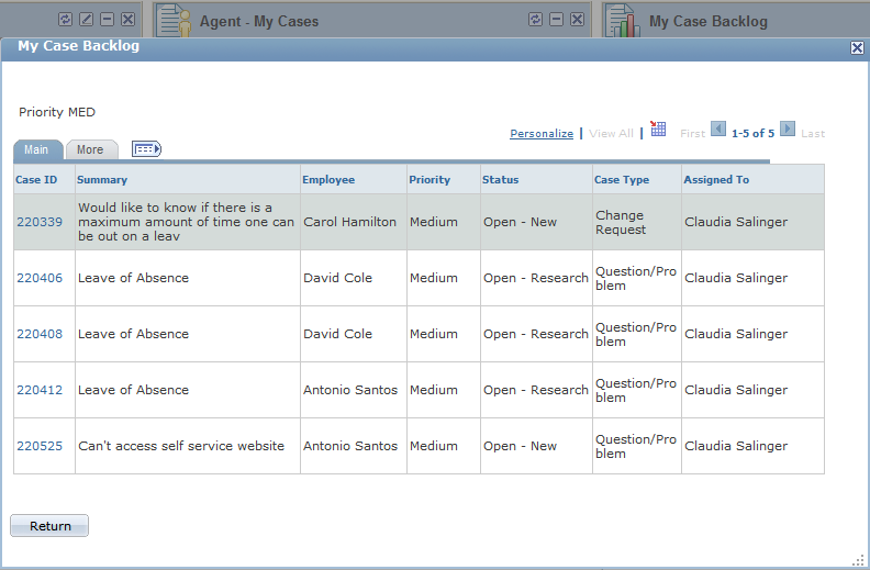 Modal secondary page appears with a list of cases after clicking a bar on a stacked bar chart