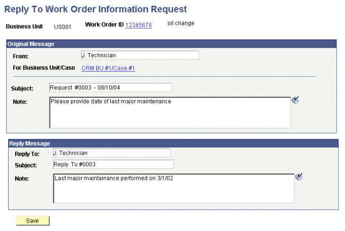 Reply To Work Order Information Request page