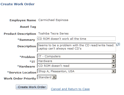 Create Work Order page