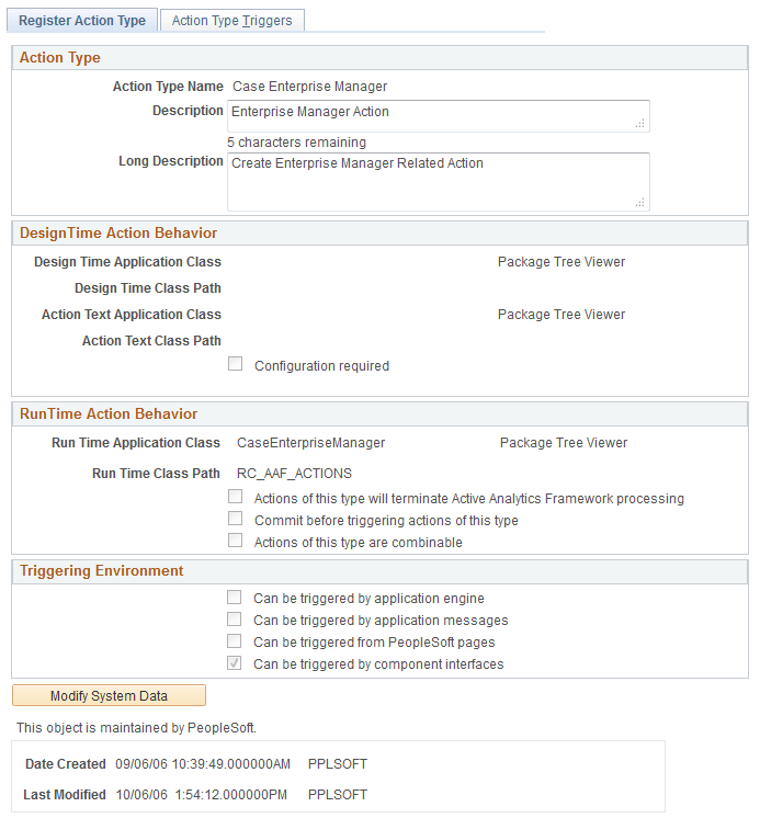 Register Action Type page