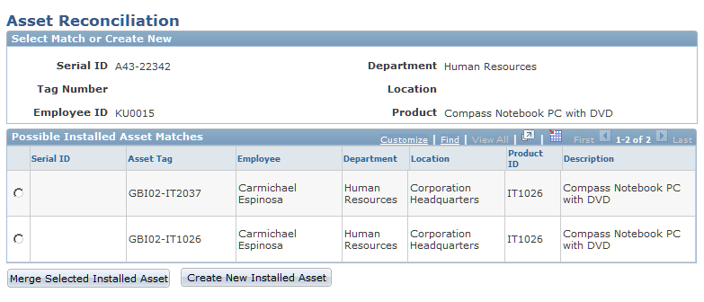 Asset Reconciliation page