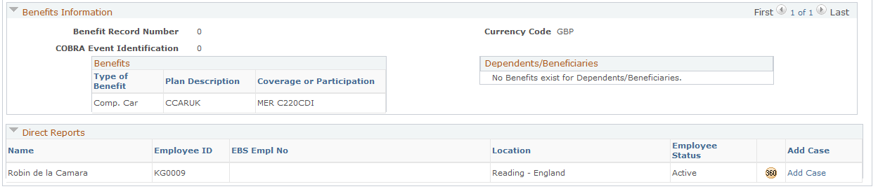 Benefits Information and Direct Reports sections (United Kingdom) - HRHD Worker 360-Degree View page (PeopleSoft HCM)