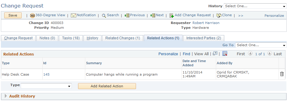 Change Request: Related Actions page