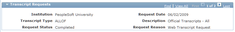 Transcript Request section of 360-Degree View for Higher Education page