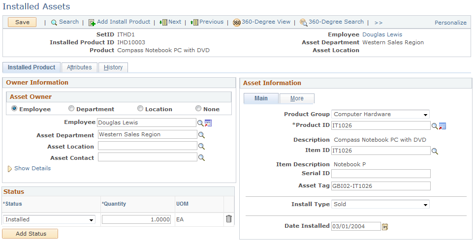 Installed Assets page (1 of 2)