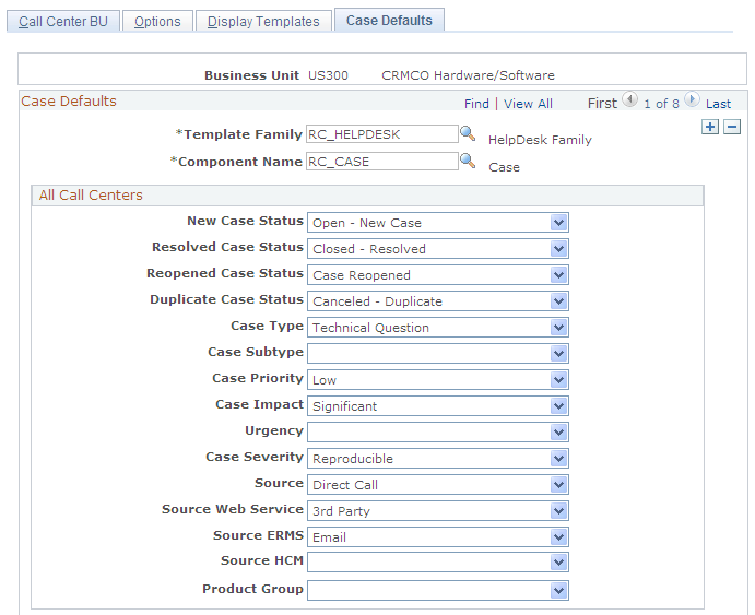 Case Defaults page (1 of 2)