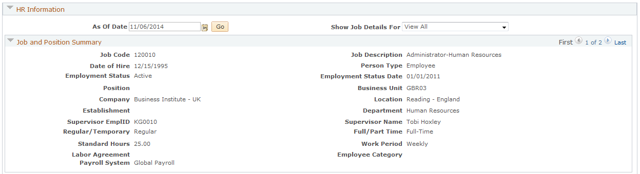 Job and Position Summary section (U.K.) - HRHD Worker 360-Degree View page (PeopleSoft HCM)