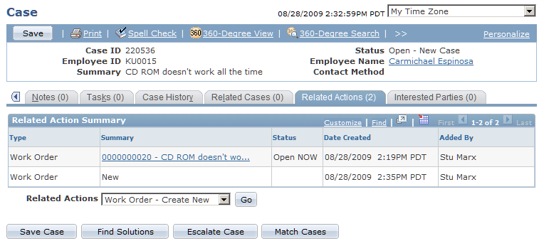 Case - Related Actions page