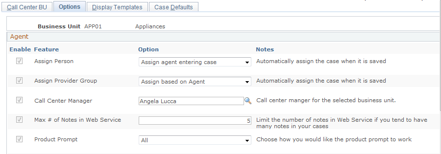 Max # of Notes in Web Service option shown on the Call Center Definition - Options page