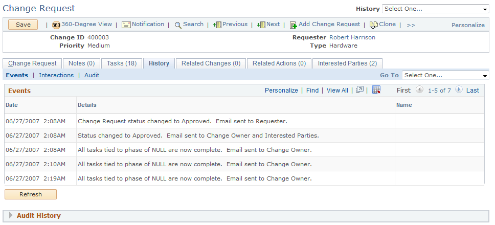 Change Request History - Events page
