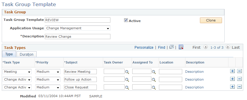 Task Group Template page