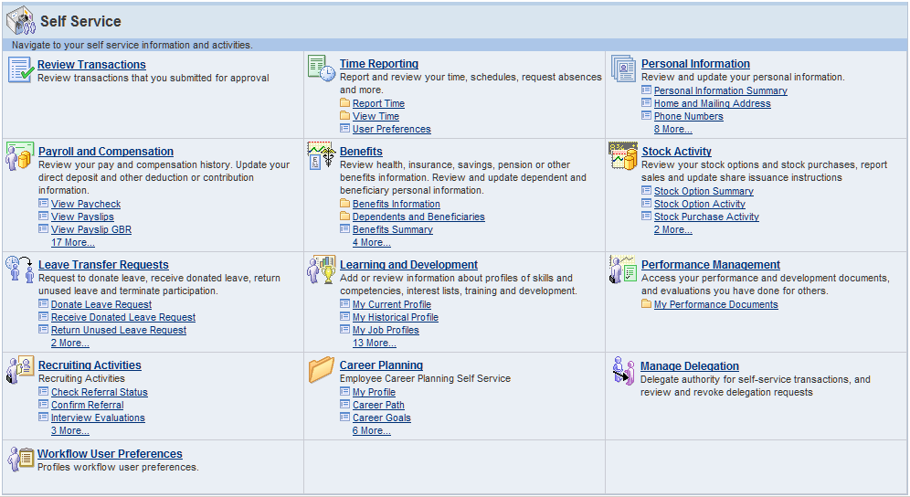 Self Service home page (PeopleSoft HCM)