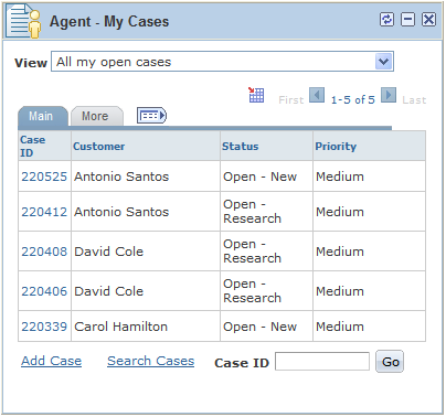 Agent - My Cases pagelet in Agent Dashboard