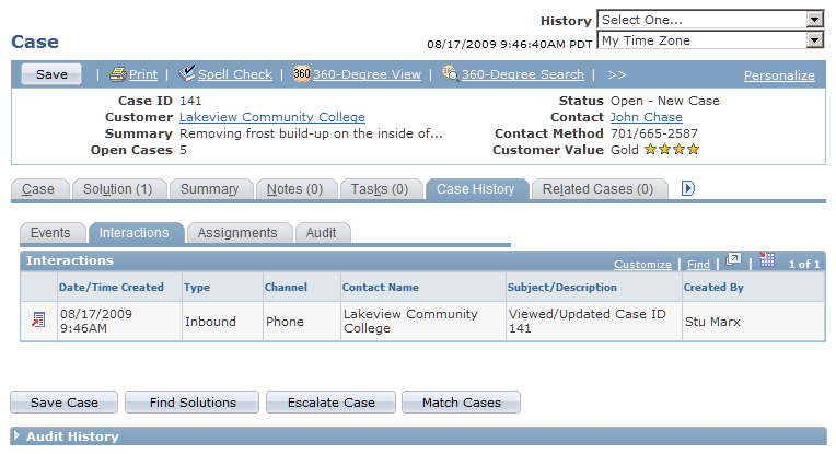 Case History - Interactions page