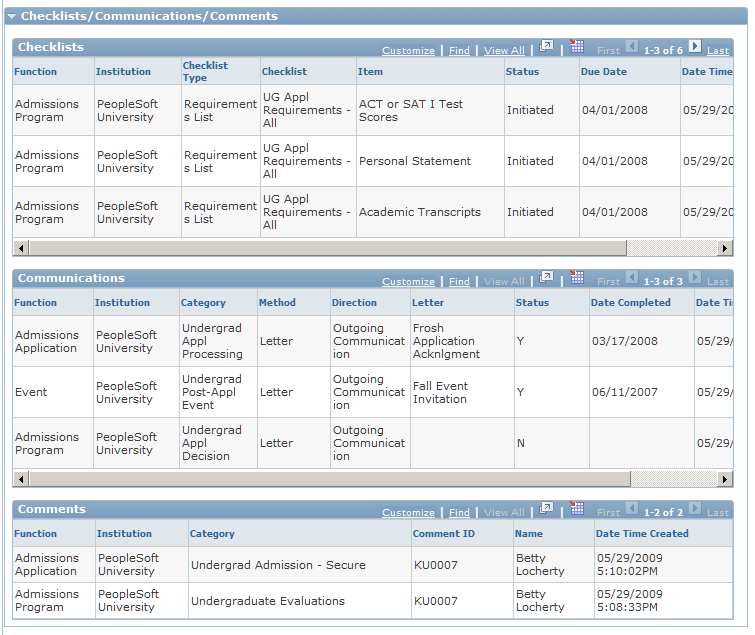 Checklist, Communications, and Comments section of 360-Degree View for Higher Education page