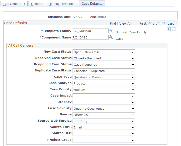 Source Web Service option shown on the Case Defaults page