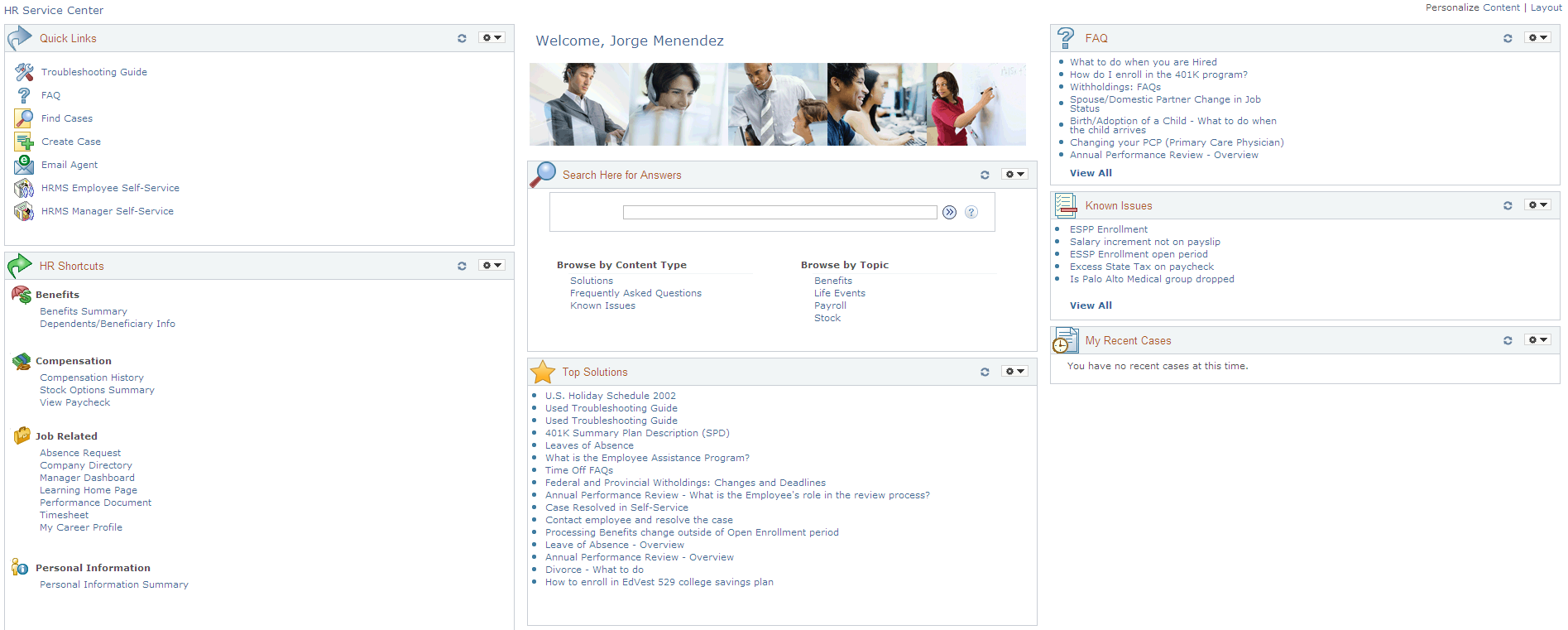 HR Service Center home page