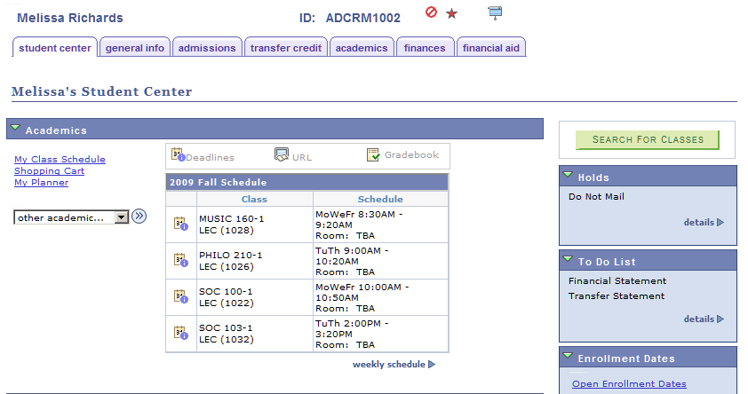 Student Center page (1 of 2) [PeopleSoft Campus Solutions]