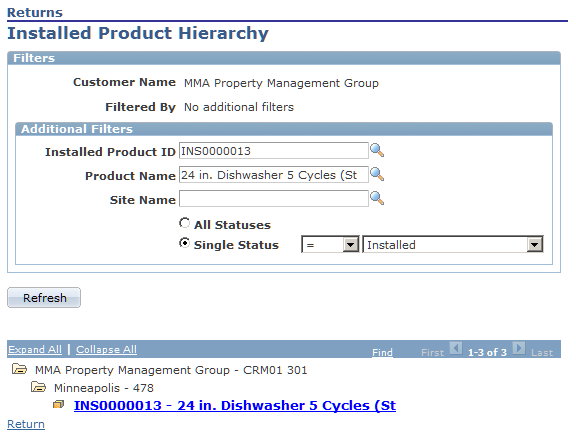 Returns - Installed Product Hierarchy page