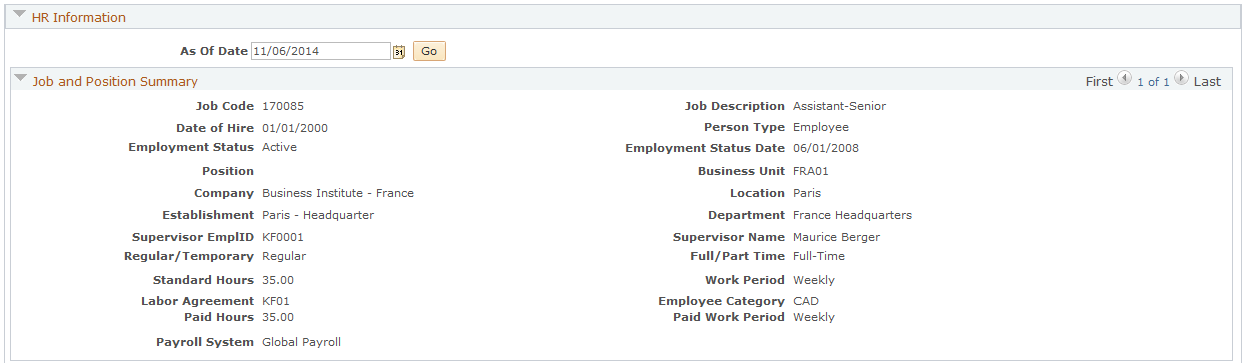 Job and Position Summary section (France) - HRHD Worker 360-Degree View page (PeopleSoft HCM)