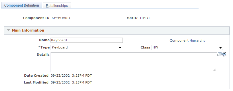 Component Definition page