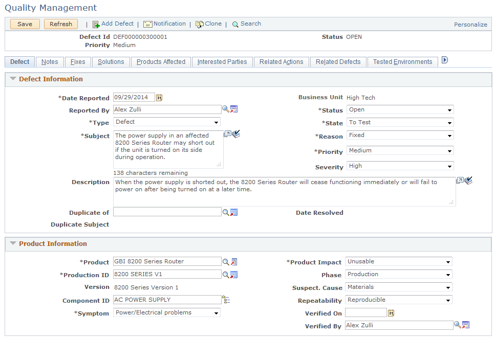 Quality Management - Defect page (1 of 2)