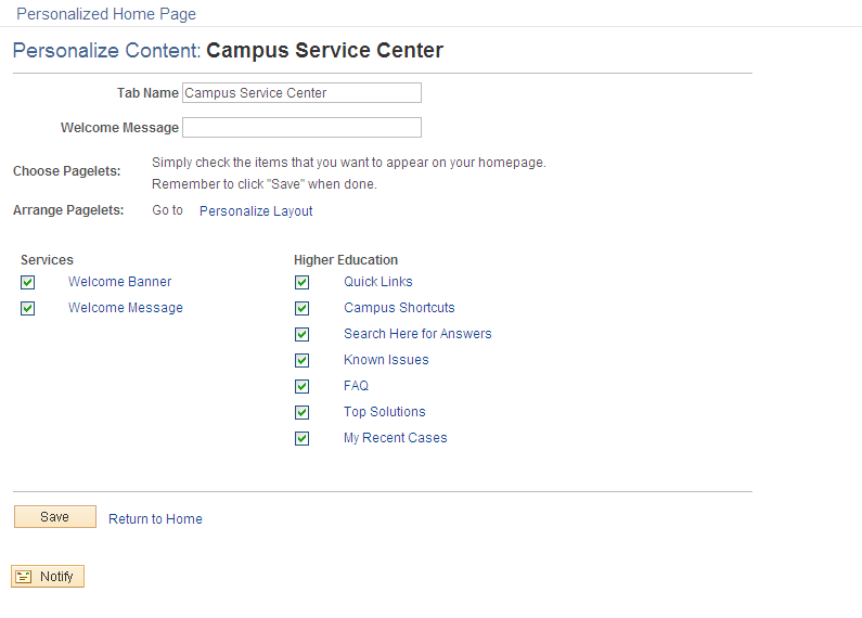 Personalize Content: <Service Center Name> page