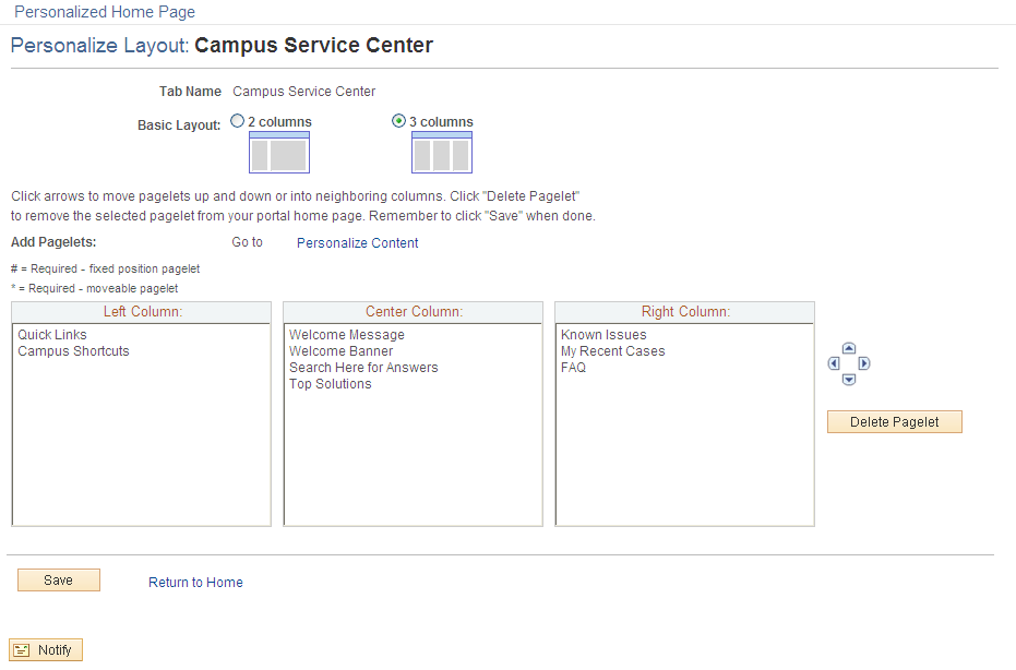 Personalize Layout: <Service Center Name> page