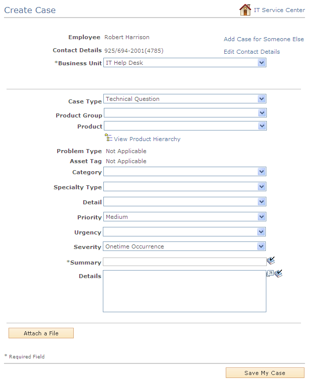 IT Service Center - Create Case page