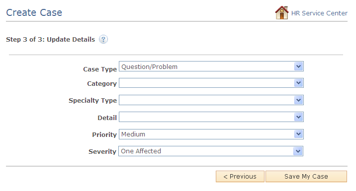 HR Service Center - Create Case page (3 of 3)