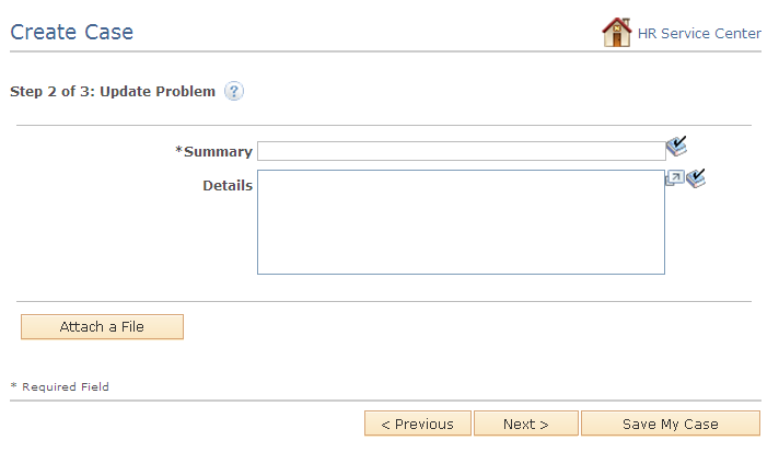 HR Service Center - Create Case page (2 of 3)