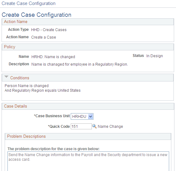 Create Case Configuration page